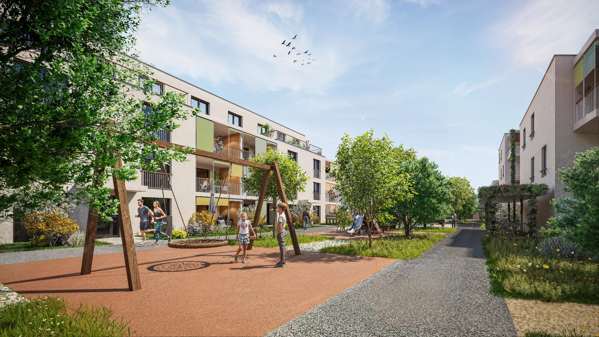 Rendering: Spielplatz mit Schaukel zwischen den Wohnhäusern