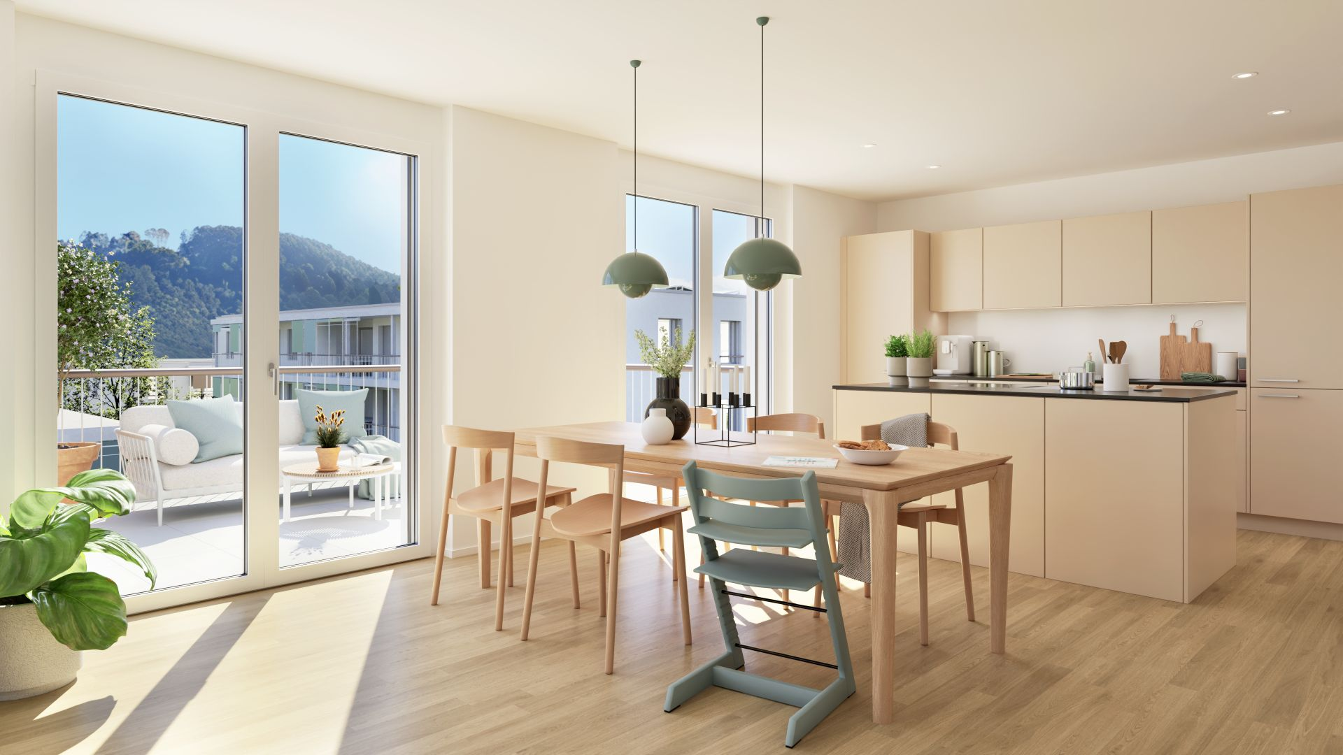 Rendering: offene helle Küche mit Essplatz und Balkon