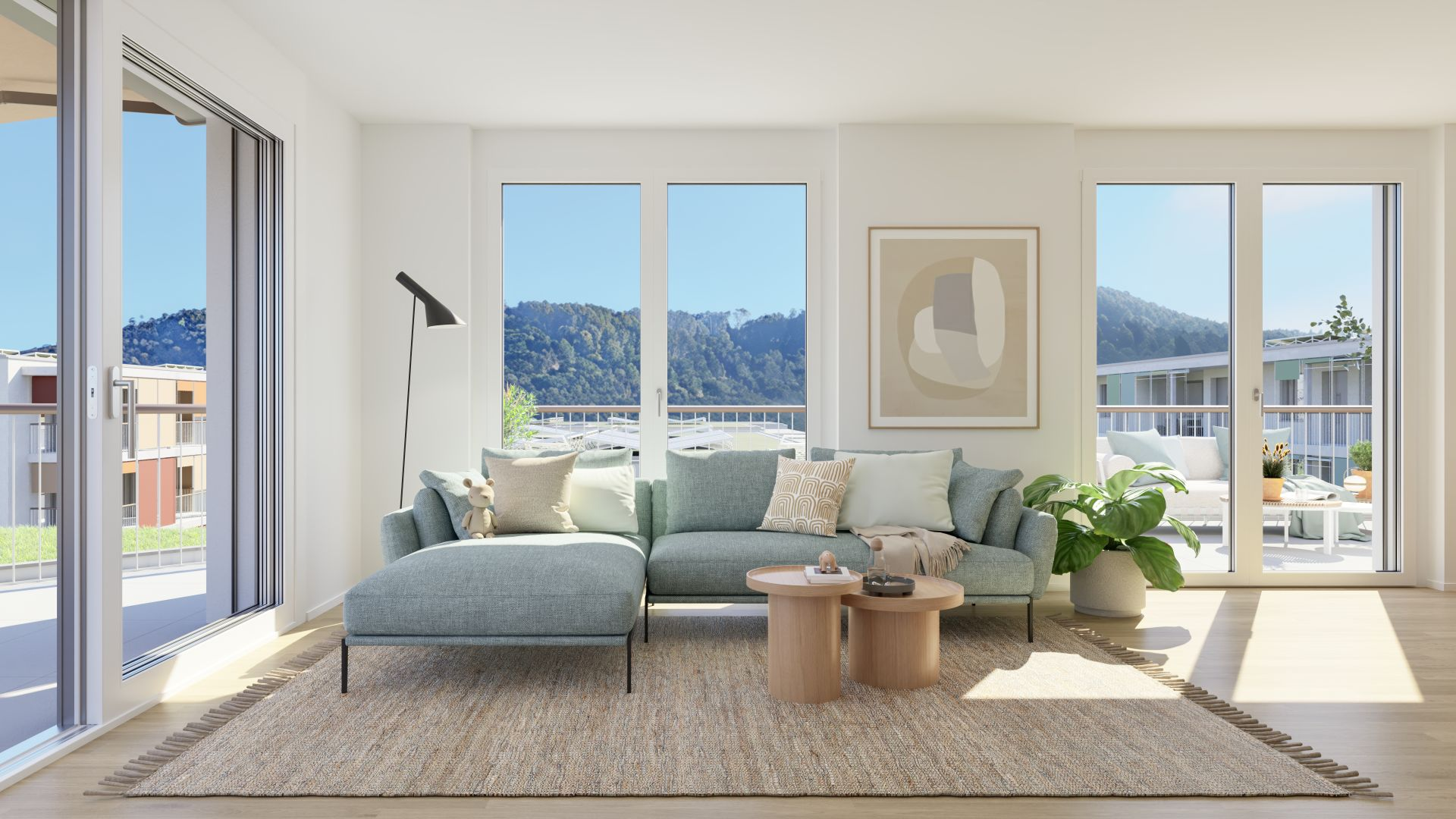 Rendering: helles Wohnzimmer mit Sofa und Blick auf die Hügel