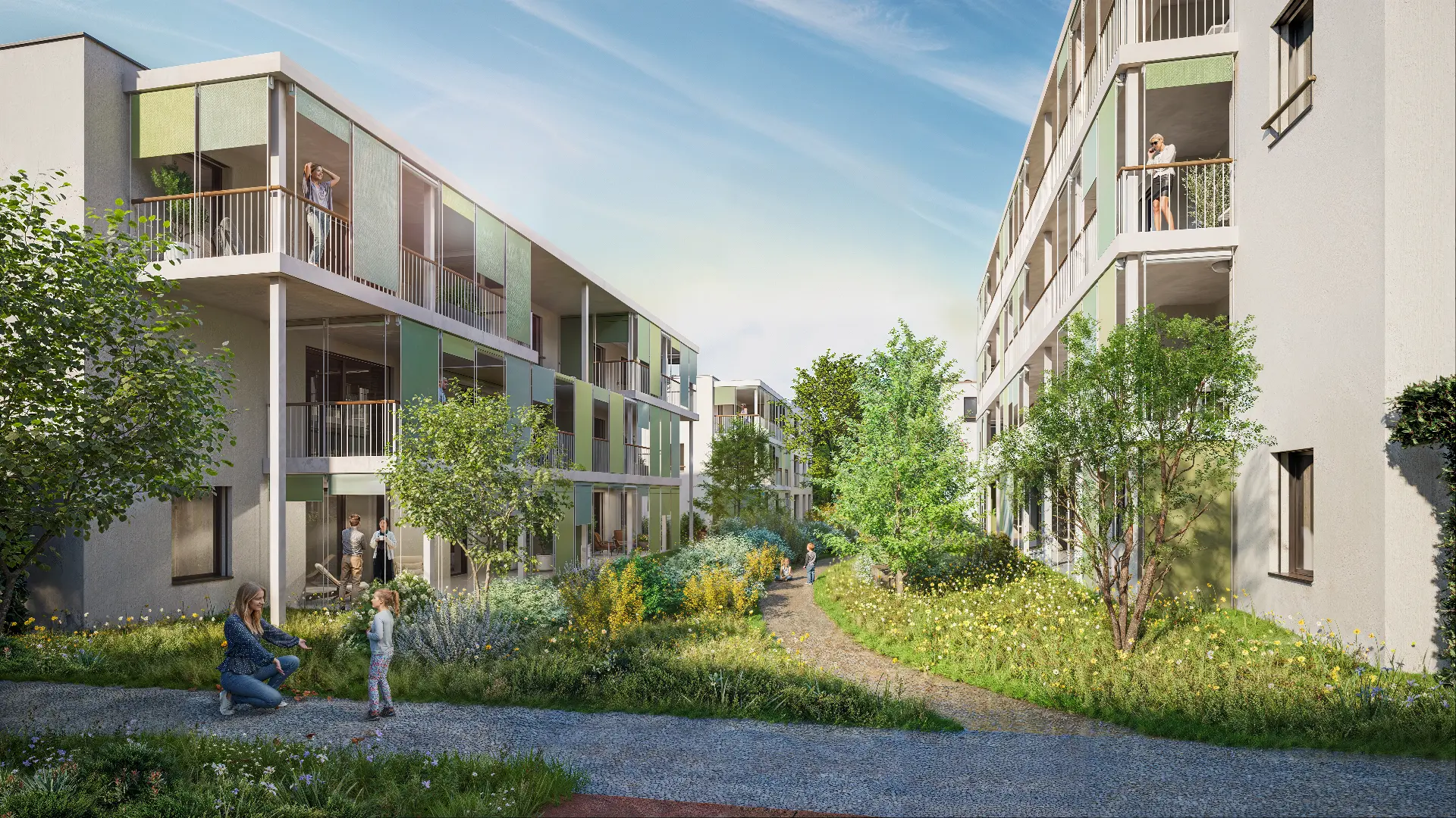 Rendering: Wohnhäuser mit grünen Balkonen und Wildblumenwiese