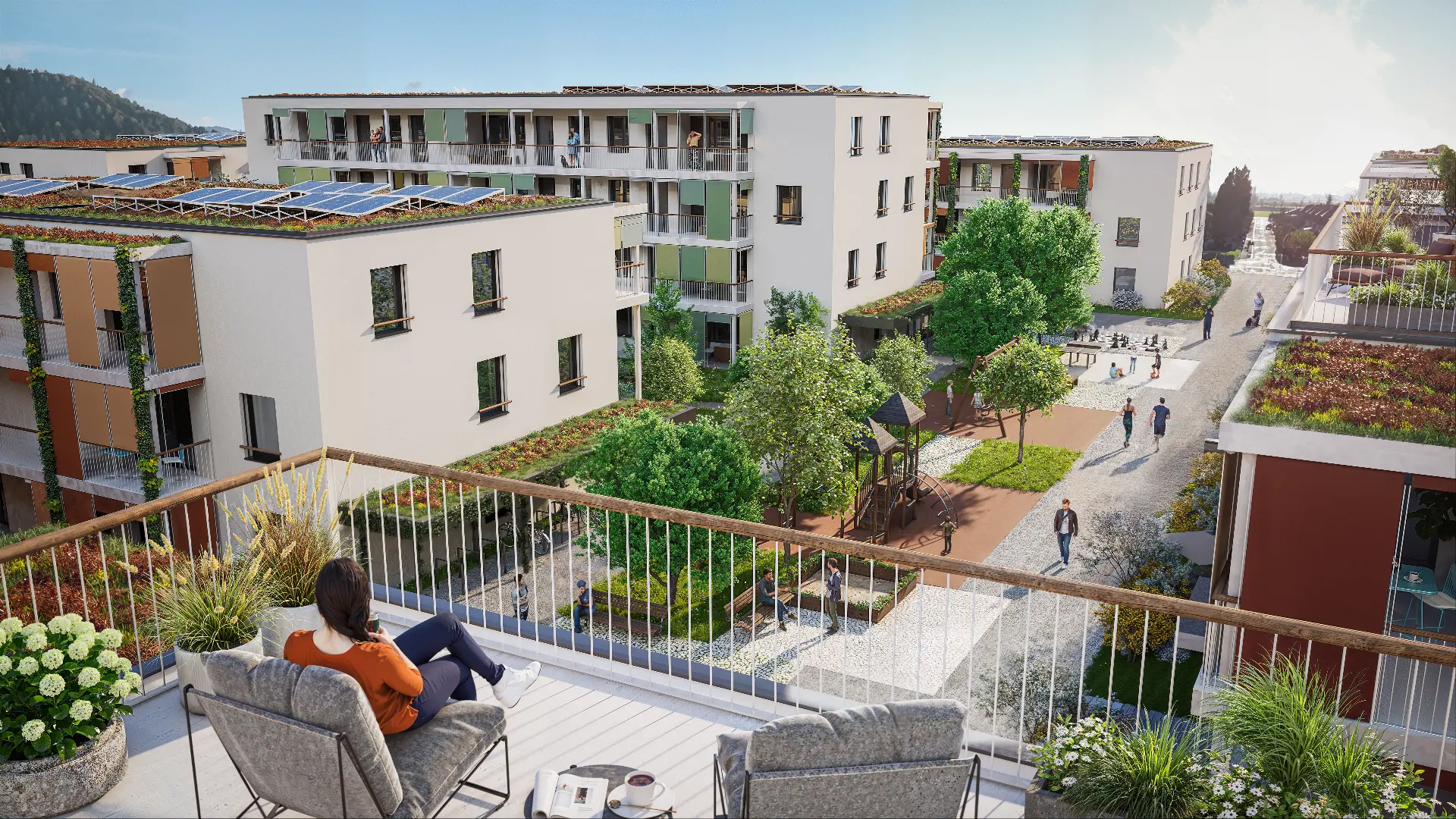 Rendering: Blick vom Balkon über den Innenhof und die Dachbegrünung