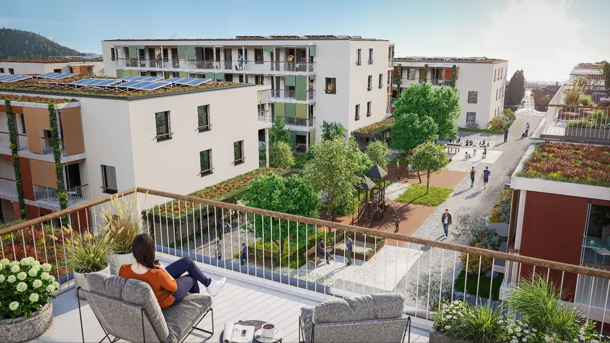 Rendering: Blick vom Balkon über den Innenhof und die Dachbegrünung