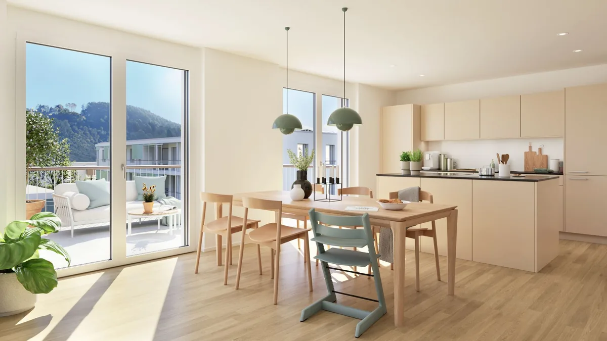 Rendering: offene helle Küche mit Essplatz und Balkon