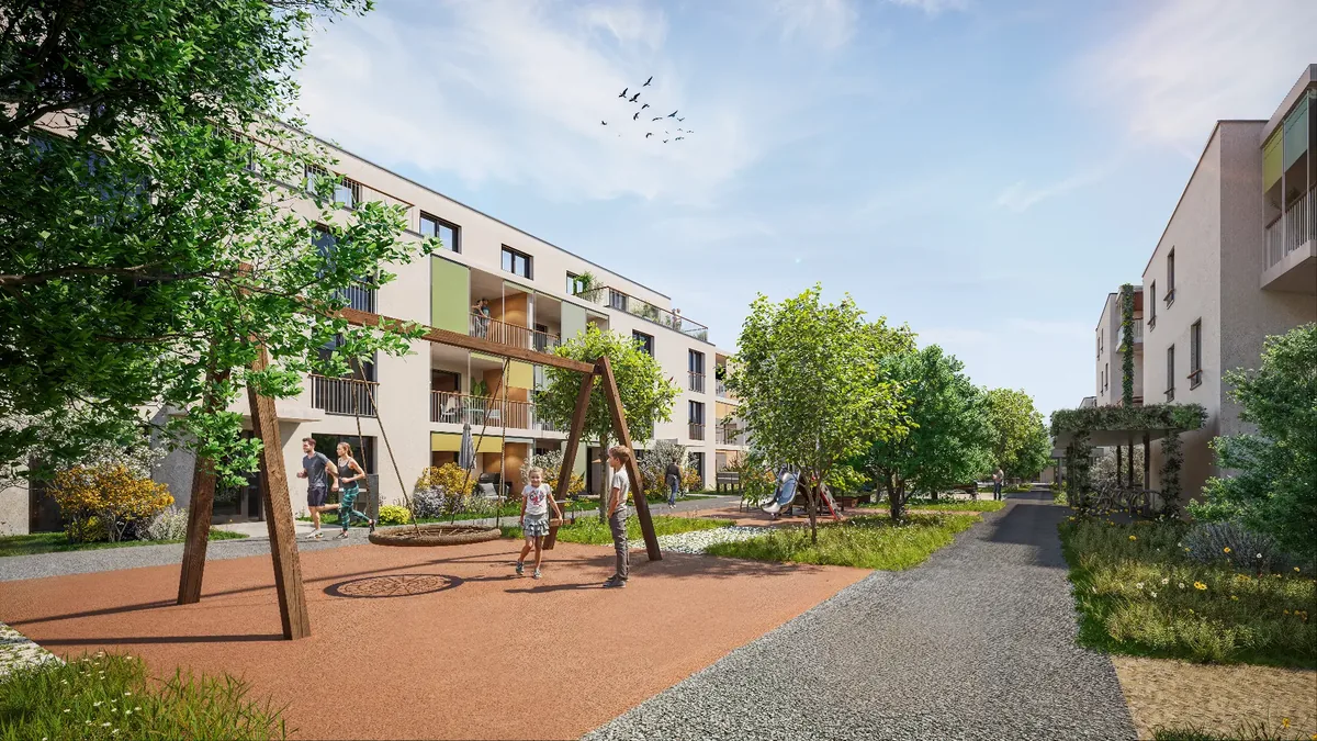 Rendering: Spielplatz mit Schaukel zwischen den Wohnhäusern